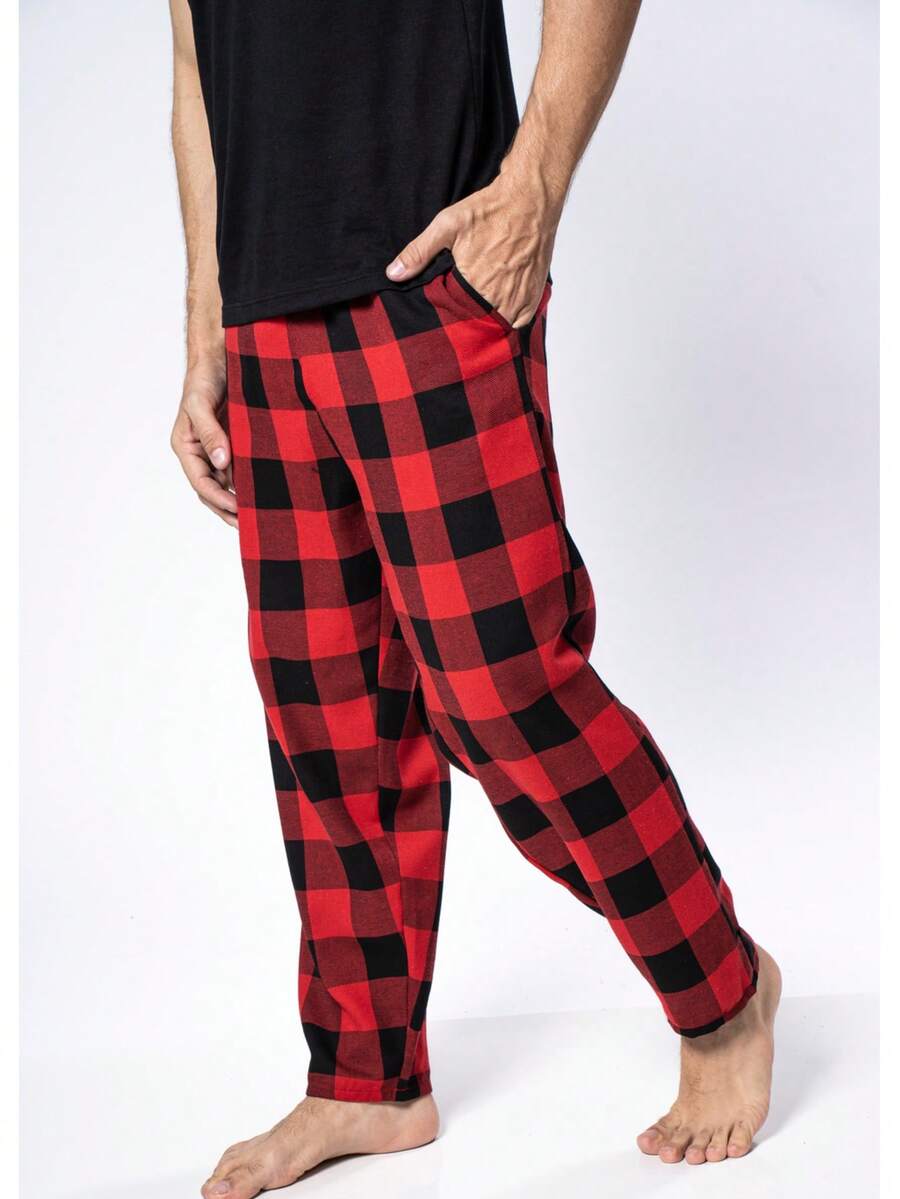 Men's Plaid Flannel Pajamas Winter Sleep Bottoms Plus Size - 紅色 - 查看 1