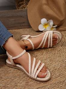 手工编织钻石带舒适女士平底凉鞋，户外