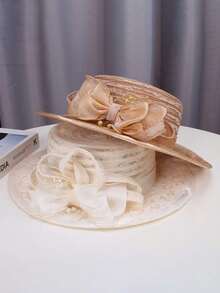 1pc Women's Solid Church Hat, Elegant Street Vintage Bohemian Organza Bow Flat Top Sun Hat, Breathable Outdoor Beach Hat For Women, Suitable For Daily, Street, Party, Travel In Summer - A - View 5