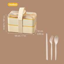 1pc 1440ML Double-Layer Plastic Bento Box With Cutlery Set & Lunch Bag & Sauce Box, Portable Square Lunch Box With Compartments, Leak Proof Fruit Salad Food Storage Container, Dishwasher & Microwave Allowable Lunch Container, Suitable For Student And Adult Use In Home, School, Dorm, Office, Outdoor Camping, Picnic, Travel, Back To School