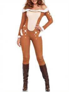 Women Christmas Reindeer Costume Fuzzy Trim Off Shoulder Long Sleeve Bodycon Jumpsuits Cosplay Costume Party Outfits - Light Brown - View 8