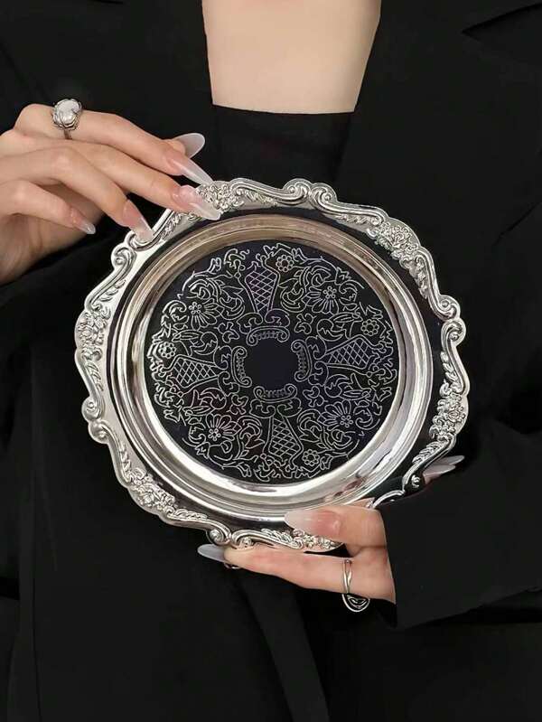 1pc Vintage High-End Metal Jewelry Makeup Tray, Multi-Use Display Plate For Jewelry, Cosmetics, Candles, Desserts, Photography Prop For Women Storage Organizer Travel Essentials Back To School Dormitory Storage
