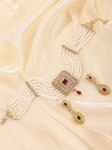 1 Set Fashion Women's Jewelry Set - Earrings & Necklace With Rhinestone Inlaid, Handmade Beaded Bohemian Style Bridal Wedding Dress Accessories, Holiday Gift