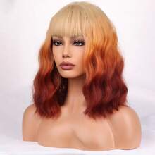 Women Short Curly Wavy Pink Wig For Short Bob Wig With Bangs Heat Resistant Synthetic Wigs For Cosplay Costume Party(Rose Red Wig) - Blonde Ombre Orange - View 2