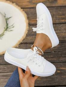 Nuevas zapatillas deportivas de lona blanca talla grande, versátiles zapatos deportivos para estudiantes, zapatos planos de moda para patineta, zapatos blancos casuales con cordones, zapatos deportivos (los zapatos son talla grande pequeños de lo normal, se sugiere pedir una talla talla grande) - Blanco - Ver 1