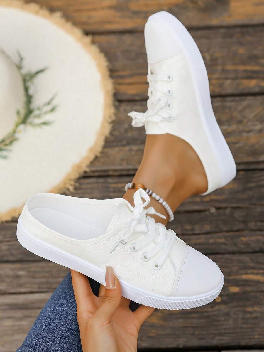 Nuevas zapatillas deportivas de lona blanca talla grande, versátiles zapatos deportivos para estudiantes, zapatos planos de moda para patineta, zapatos blancos casuales con cordones, zapatos deportivos (los zapatos son talla grande pequeños de lo normal, se sugiere pedir una talla talla grande) - Blanco - Ver 1