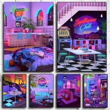 1PC Optional Frame Neon Synthwave Arcade Zone Dream Posters Canvas Painting Game Playroom Wall Art Picture For Cafe Club Room Home Decoration Reusable Frame ,Wall Art With Frame - Multicolor - View 2