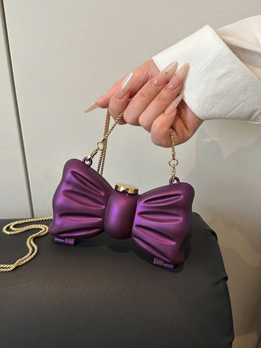 Mini Fashionable Bowknot Metal Mirror Earphone Case, Unique Design Versatile Handbag, Shoulder Bag With Chain, For Women - 中紫紅色 - 查看 1