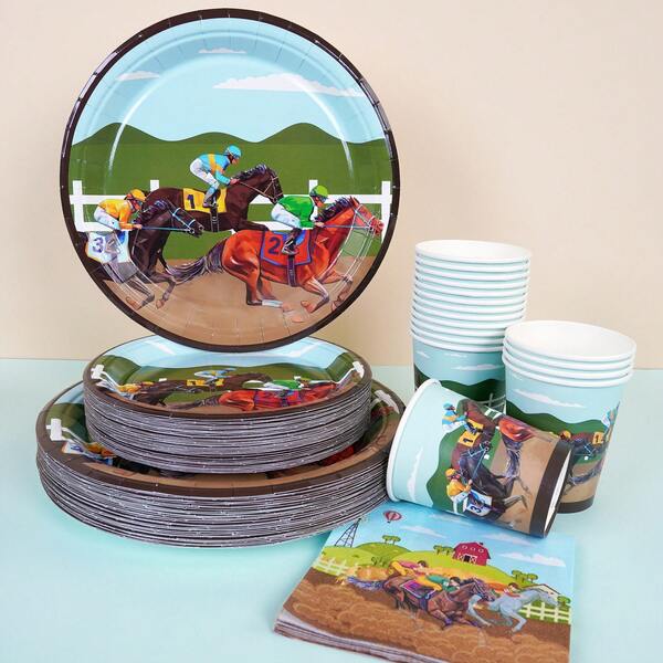 68/10/Set, Horse Racing Themed Party Supplies, Disposable Party Plates, Party Paper Plates. Includes 7-Inch Plates, 9-Inch Plates, Paper Cups, And Tissue Sets. Suitable For 16 People, Picnic Supplies, Birthday Parties, Camping, Decoration, And Celebration Events. Party Gifts, Bridal Showers, Restaurant Decorations, Kitchen Utensils, Equestrian Enthusiasts, Horse Racing, Clubs