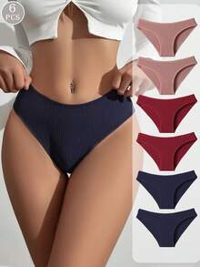 6条装多色棉质罗纹针织简约柔软亲肤女士内裤 - 彩色 - 查看 3