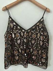 Women Y2K Sequin Cami Top Sparkly V Neck Tank Top Backless Glitter Crop Tops Floral Rhinestone Clubwear - 黑色和金色 - 查看 1