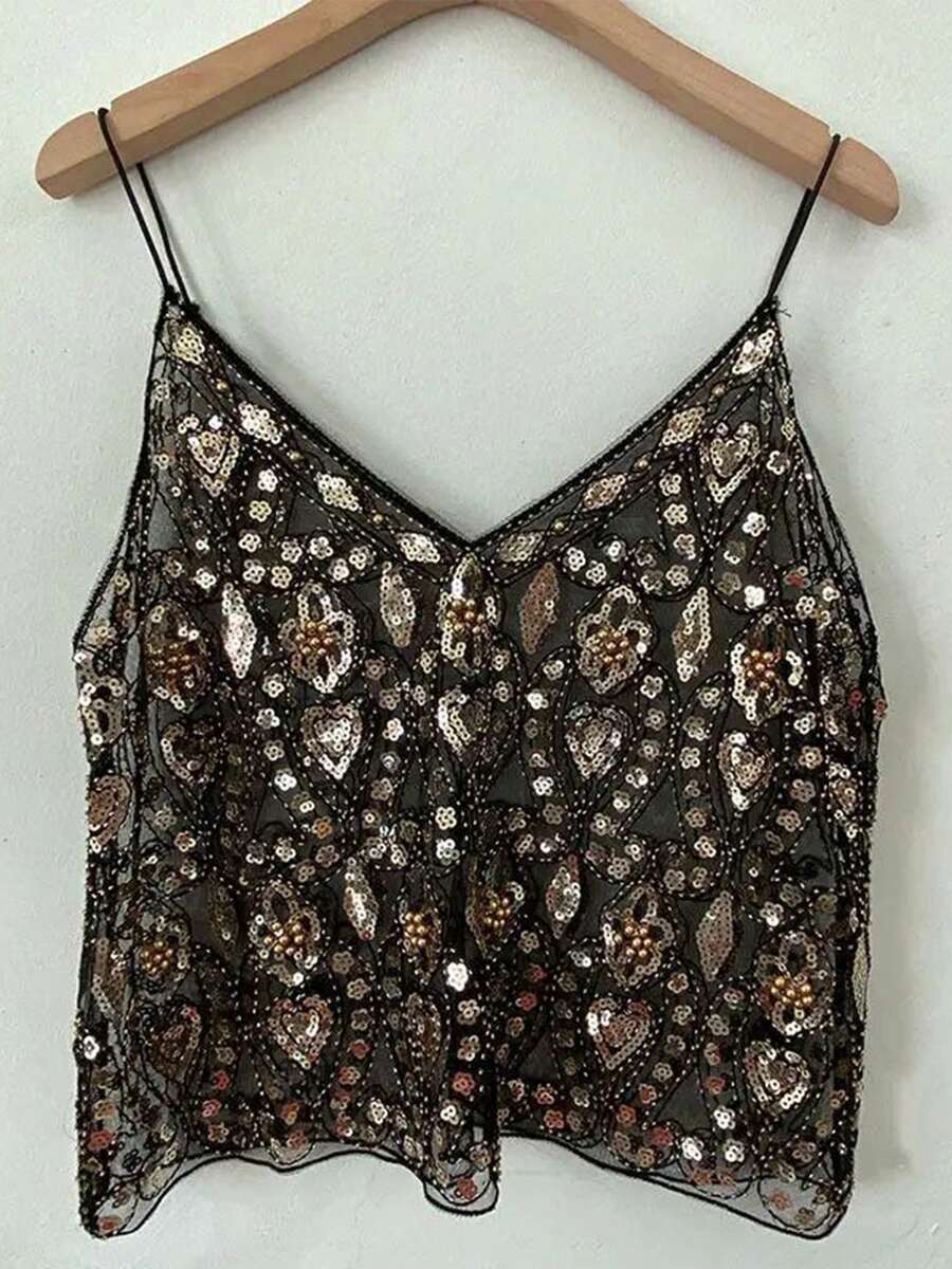 Women Y2K Sequin Cami Top Sparkly V Neck Tank Top Backless Glitter Crop Tops Floral Rhinestone Clubwear - 黑色和金色 - 查看 1