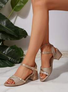 1 paar open sandalen voor meisjes/tieners, effen kleur, glitterbandje met gespsluiting, ronde neus, 5 cm hoge hak, comfortabele, luxe hakken, geschikt voor 15+ jaar, feestjes, school, vakantie, strand, lente/zomer nieuwe stijl