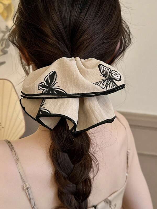 2pcs/Set Elegant Butterfly Print Hair Scrunchies, Korean Style High-End Hair Rope Accessories For Bun, Ponytail, New Arrival 2025, Polyester (Dacron) Hair Ties Scrunchy Hair Ties