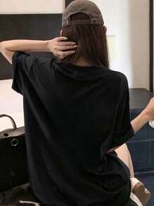 Women's Loose Black Printed T-Shirt - Short Sleeves, Loose Fit, Machine Washable, Japanese Text, Panda Pattern Design