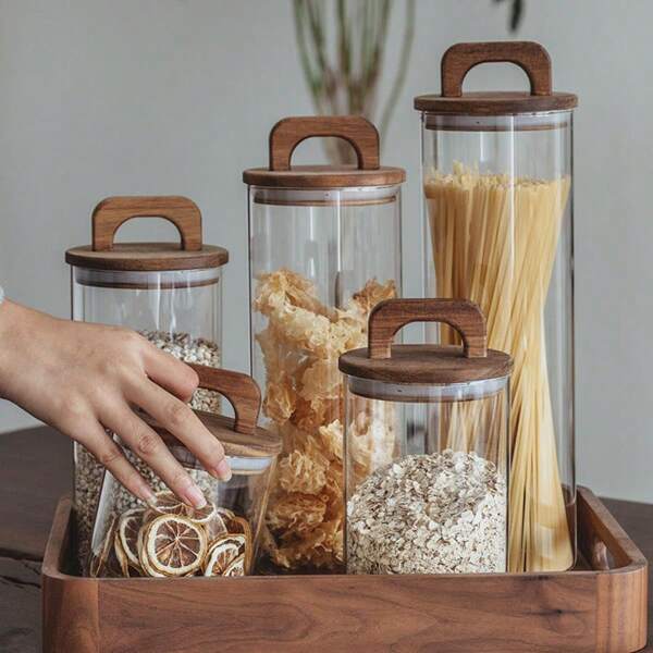 EGKEA 1 pieza Frasco de vidrio con tapa de madera de palisandro de 650ml - 1100ml, frasco de almacenamiento grande, recipiente de almacenamiento de alimentos, frasco de vidrio con asa, frasco de especias, recipiente para granos