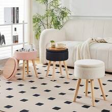 Storage Ottoman Foot Stool Teddy Velvet Round Vanity Stool Tray Top Footstool With Wood Upholstered Foot Rest Ottoman Living Room, Bathroom, Makeup (White) - 粉色 - 查看 7