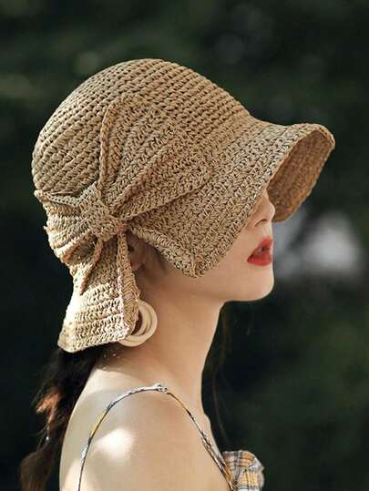 1 pieza Sombrero de paja tejido a mano con moño, diseño vintage hueco y elegante para protección solar de mujer en verano