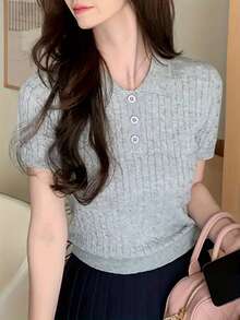 Women's Casual Turndown Collar Button Short Sleeve Knit Top - Grey - View 4