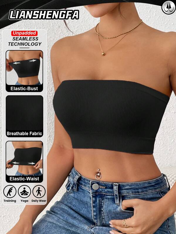 LianShengFa 1pc Seamless Ribbed High Stretch Wireless Yoga Tank Top For Women, Soft, Breathable, Supportive Sports Bra For Fitness, Can Be Worn As Outerwear