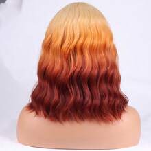 Women Short Curly Wavy Pink Wig For Short Bob Wig With Bangs Heat Resistant Synthetic Wigs For Cosplay Costume Party(Rose Red Wig) - Blonde Ombre Orange - View 4
