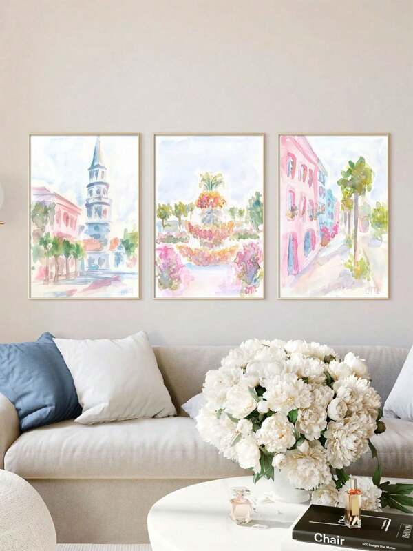 3PCS/SET Charleston Watercolor Canvas Poster Petite Style Aesthetic Wall Art Pink Wall Decor Canvas Painting Wall Art For Living Room Decor Optional Frame ,Wall Art With Frame