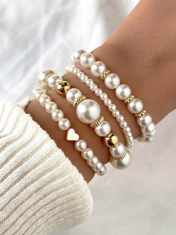 4pcs Fashionable Heart Beaded Bracelet Set, Faux Pearl Bracelet