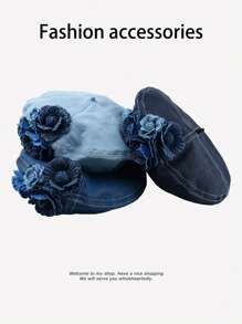 1pc Women's Washed Denim Beret Hat With Flower Embroidery, Fashion Minimalist Artist Hat, Elegant Retro Flat Top Octagonal Cap Suitable For Spring/Summer Outdoor, Shopping