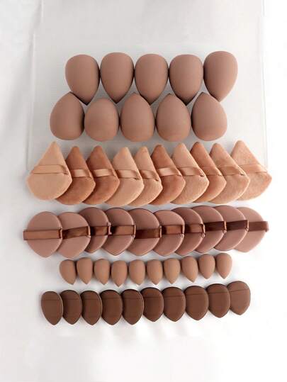 15/50PCS Full Series Of Powder Puffs Beauty Set, Including 10 Finger Air Cushions, 10 Powder Puffs, 10 Beauty Eggs, 10 Triangular Powder Puffs, And 10 Mini Beauty Eggs, Suitable For Liquids, Lotions, Powders, And Beauty Tools