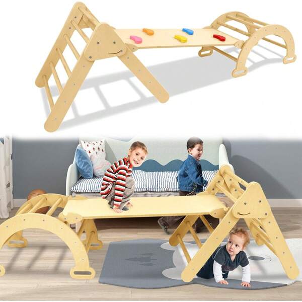 TATIVALO Klettergerüst Indoor Sprossenwand 3 in 1, Holz Kleinkind Klettergerüst Set, Kinder Pickler Dreieck, Baby Rutsche & Klettergerüste Indoor Spielgeräte für Kleinkinder ab 2-8 Jahr