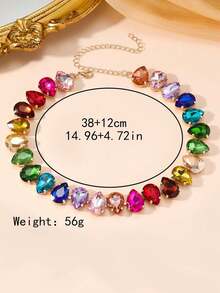 1pc Bohemian Style Glamorous Colorful Glass Crystal Heart & Teardrop Pendant Necklace, Gold Jewelry For Women (Slight Glazing Defect On Surface Is Normal)