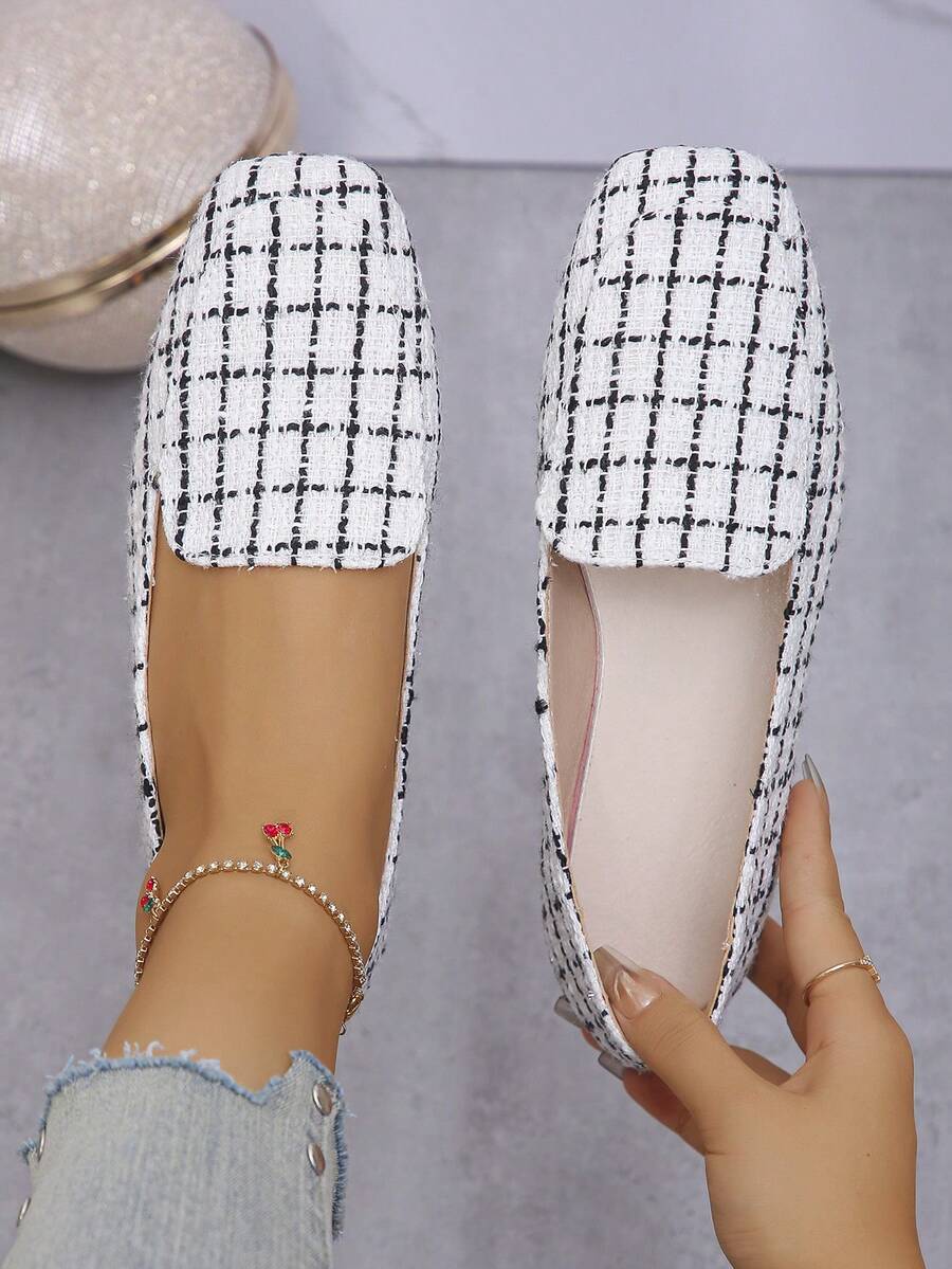 Women's Square Toe Low Heel Black & White Plaid Ballet Flats, Slip-On Comfortable Loafers, Casual, Spring/Summer Daily Wear, Office Commute, Random Black & White Pattern