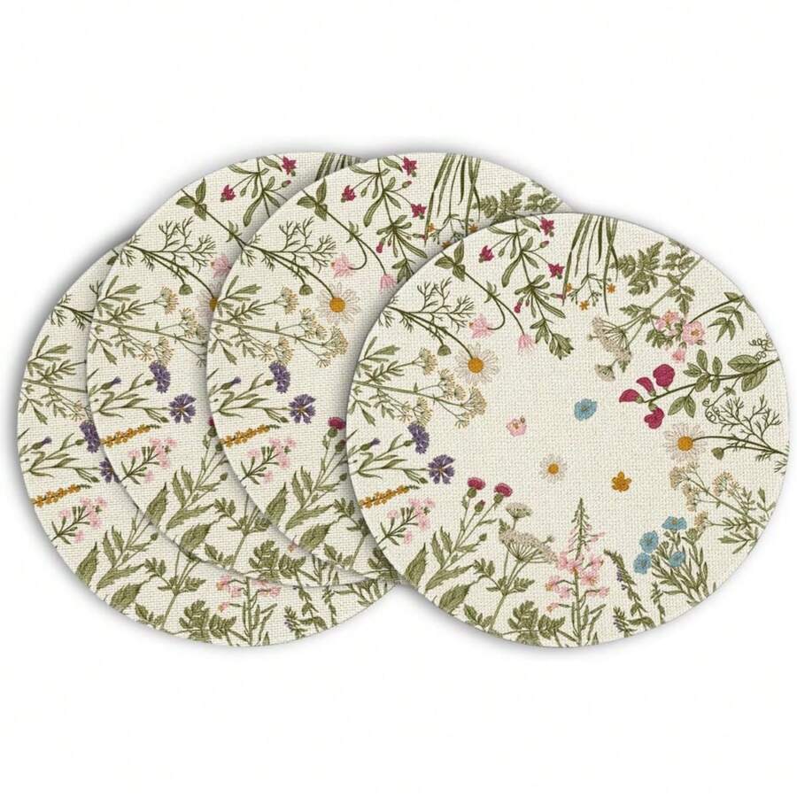 4 piezas Salvamanteles redondos de 15 pulgadas de flores silvestres y hierbas antiguas de primavera para decoración de mesa de comedor en verano