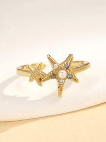 1 Peça Anel Ajustável de Pé de Prata Sterling S925 com Estrela do Mar de Pérola e Cristal, Adequado para usar em atividades na praia, presente