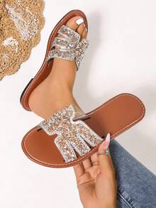 Korean Style Casual Flat Slide Sandals For Women, Open Toe, Woven Roman Style, Summer Spring New Fashion Slippers, Suitable For Dresses, Beach, Outdoor Wear, Brown