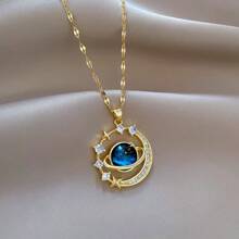 1 pieza Collar de acero inoxidable para mujer con colgante en forma de luna decorado con piedras con diseño de cielo estrellado y cristales completos {No incluye caja del collar}