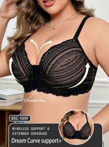 Plus Size Women Front Closure Lace Patchwork Bra, Soft & Comfortable Underwear With Wire