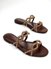 Women's Glamorous Thin Strap Crystal Chain Cross Hollow Out Decor Chocolate Brown Chiffon Material Fashionable Round Toe Comfortable Daily Party Flat Mule Sandals,Spring Summer Outfits - Chocolate Brown - View 2