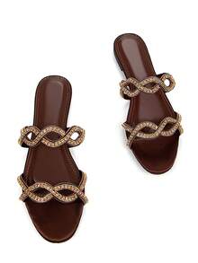 Women's Glamorous Thin Strap Crystal Chain Cross Hollow Out Decor Chocolate Brown Chiffon Material Fashionable Round Toe Comfortable Daily Party Flat Mule Sandals,Spring Summer Outfits - Chocolate Brown - View 3