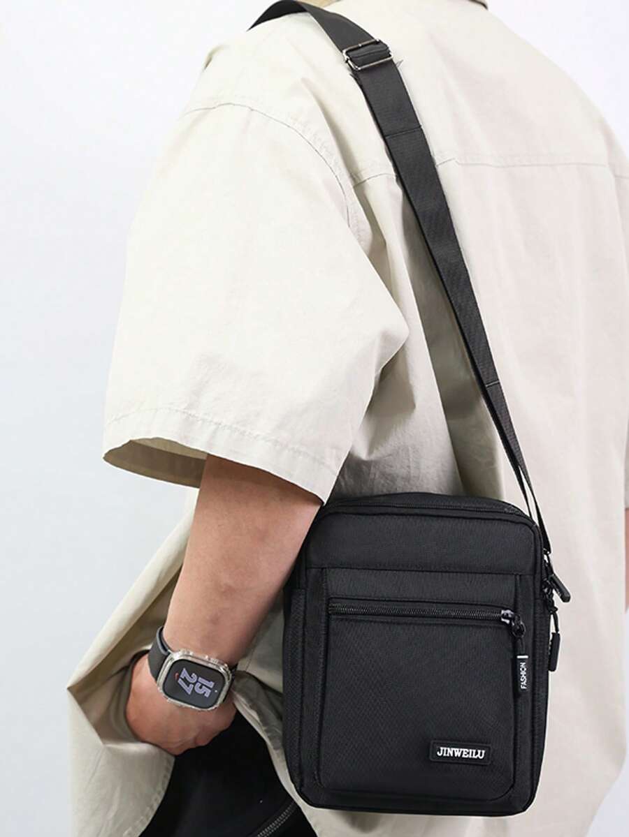A Fashionable And Casual Men's Black Nylon Material Small Square Bag, Portable Shoulder Crossbody Bag, Mobile Phone Bag, Coin Purse, Metal Zipper, Brand Logo, Adjustable Shoulder Strap, Fine Stitching, Multi Pocket Storage, Simple And Casual, Lightweight And Versatile, Scratch Resistant And Wear-Resistant, Suitable For Business Occasions, Daily Travel, Commuting, Travel, Sports, Boyfriend Gifts - Multicolor - View 1