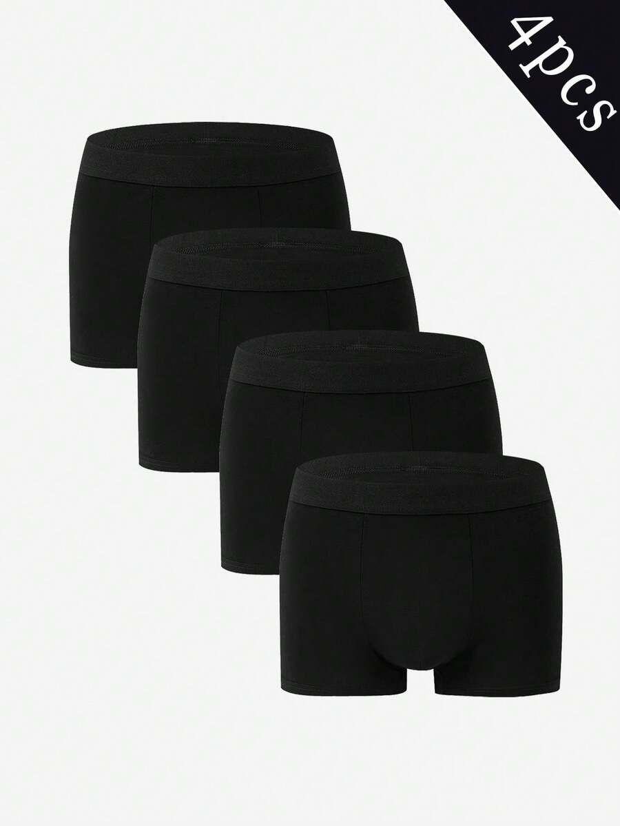 4 件纯色弹力男士三角裤，透气舒适平角短裤，适合运动、户外活动和健身 - 黑色 - 查看 1