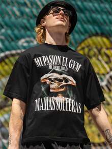 Playera Oversize Para Hombre Calacas Chidas "Mi pasión el gym, mi debilidad mamás solteras" Algodón - Negro - Ver 4