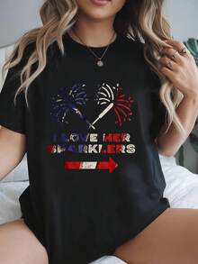 Love Her Sparklers Matching Couple 4Th Of July Boyfriend T-Shirt Graphic Print Solid T-Shirt, Women's Casual Short Sleeve Top For Spring & Summer, Women Graphic T-Shirts - Black - View 1