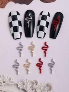 10 件蛇形美甲饰品深色系列简约蛇形美甲宝石，个性化合金美甲用品 3D 仿真蛇形美甲红银金色美甲装饰，适用于美甲沙龙和个人使用银色美甲饰品 - 彩色 - 查看 2