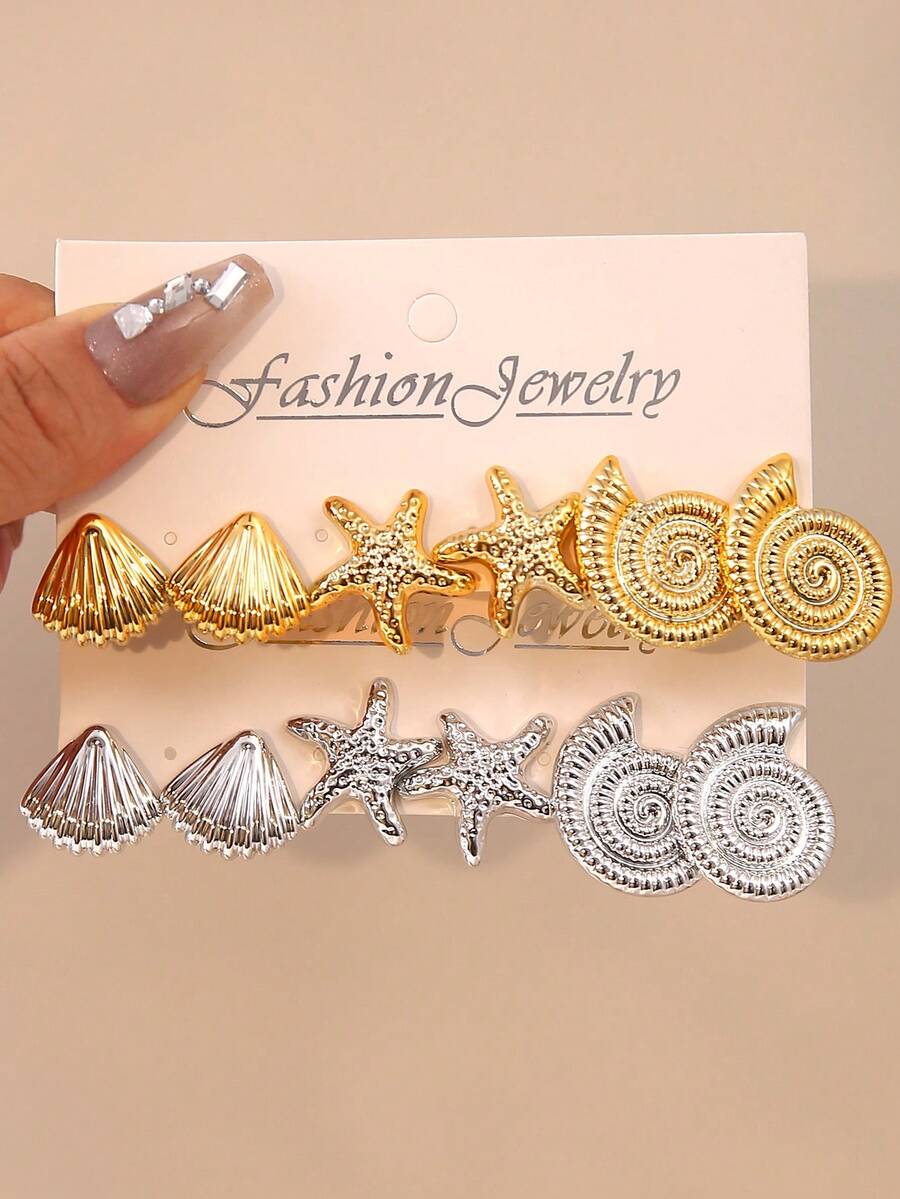 Bộ 6/12 chiếc hoa tai vỏ sò, sao biển, ốc xà cừ thời trang, đơn giản, bộ hoa tai đại dương vàng và bạc - Nhiều màu - Xem 1
