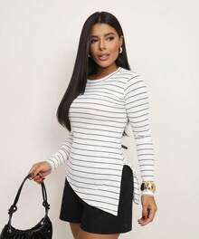 Women's Ribbed Blouse Simple Casual Elegant Split Asymmetric Fall/Winter - Black and White - View 2