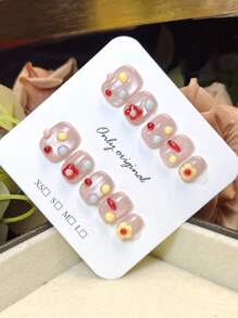 10PCS Pink Press On Nails Cat Eye Short Oval Flower Doudou Nails, Summer Nails, Handmade Press On Nails,Short Nails Home DIY Nail Design Full Coverage Fake Nail Tips Artificial Fingernails For Women And Girls Manicure Supplies Office Daily Wear False Nails, Purely Hand-Wear Nails