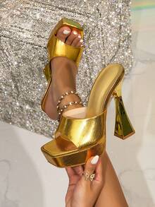 Women's High Heel Platform Gold Rhinestone Decor Transparent Glamorous Party Dress Sandals, Suitable For Going Out - Gold - View 1