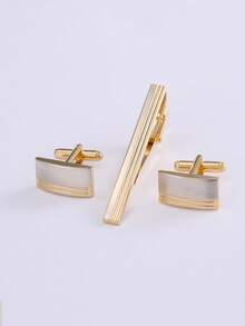 1套哑光金色商务领带夹和袖扣套装，成熟百搭时尚，适合男士商务装 - 金黃色 - 查看 10