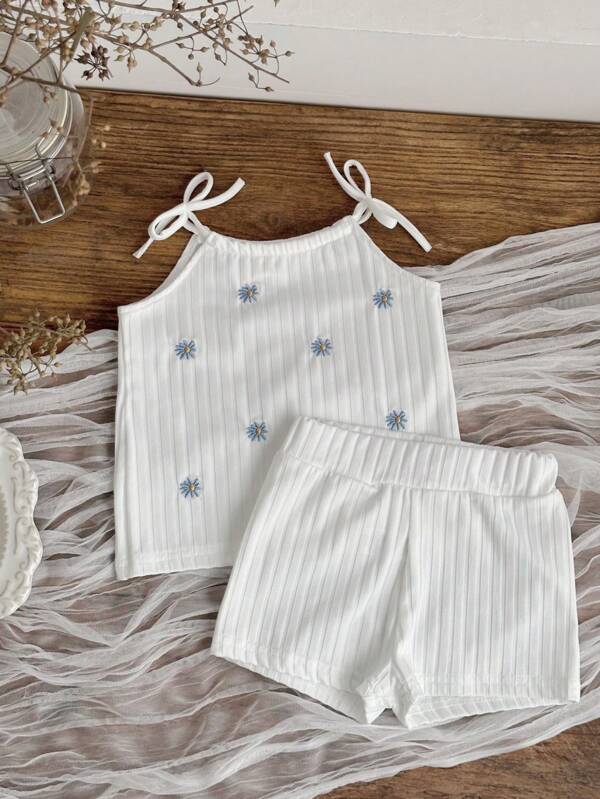 Set de 2 piezas de top de tirantes con bordado dulce y shorts para niña, para el verano